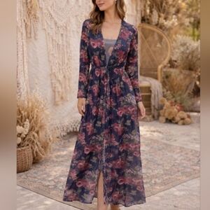 GUESS Los Angeles Floral Mesh Maxi Dress Size M Navy Red Long Sleeve Sheer